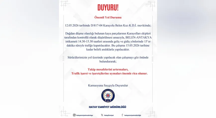 Belen-Antakya yolunda kontrollü kaya düşürme çalışması yapılacak