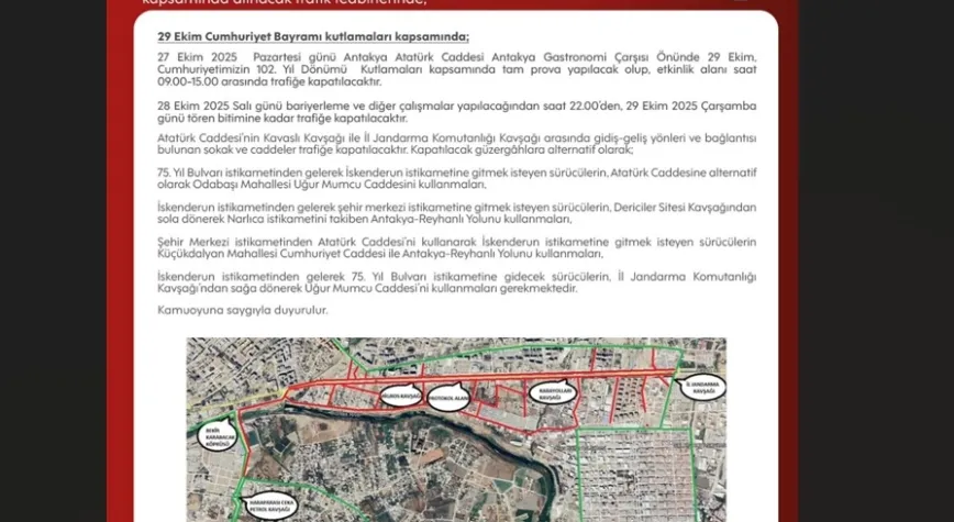 Cumhuriyet Bayramı Kutlamaları Nedeniyle Antakya’da Yollar Kapatılacak