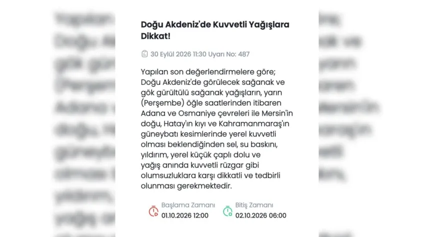 Doğu Akdeniz İçin Kuvvetli Yağış Uyarısı