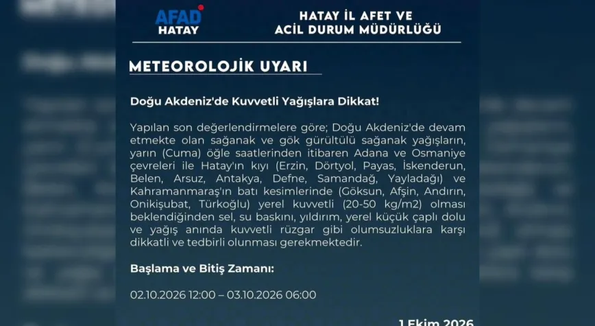 Hatay İçin Kuvvetli Yağış Uyarısı!