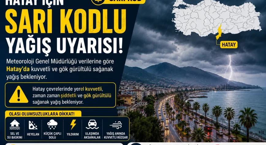 Hatay’da Kuvvetli Sağanak ve Gök Gürültülü Yağışa Karşı Sarı Kodlu Uyarı