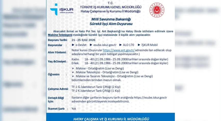 Hatay’da 3 Kişilik Sürekli İşçi Alımı