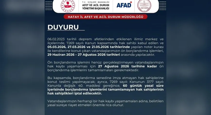Hatay’da deprem konutları için borçlandırma uyarısı