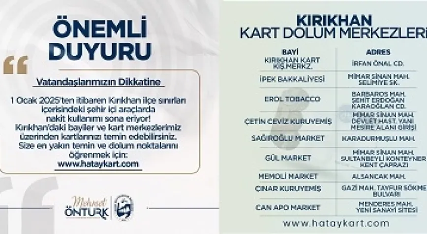 KIRKHAN’DA TOPLU ULAŞIMDA NAKİT ÖDEME SONA ERİYOR!