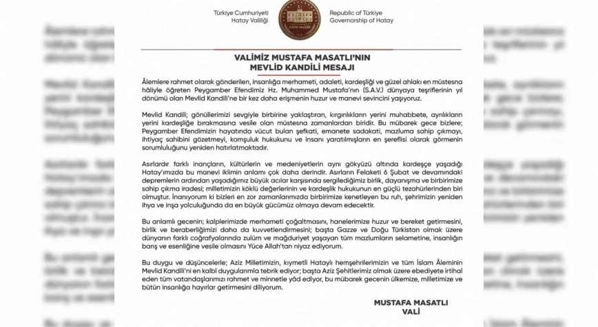 Vali Masatlı’dan Mevlid Kandili Mesajı